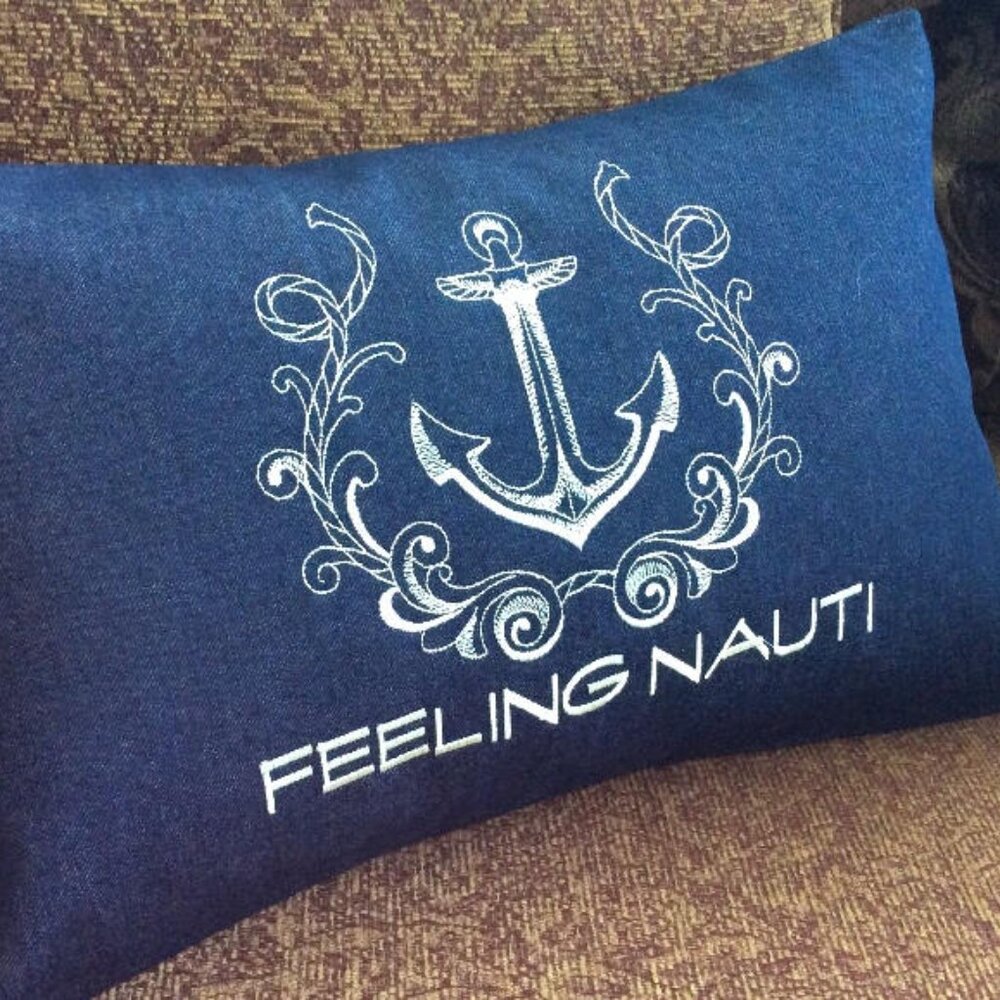 Nautical Accent Pillow Navy Denim Custom Embroidery 18" x 12" for Boat Yacht